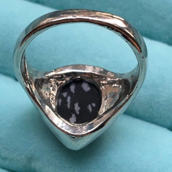 Snowflake Obsidian Ring Size 7.75 Silver Tone Black Cabochon Oval Stone - Picture 6 of 8